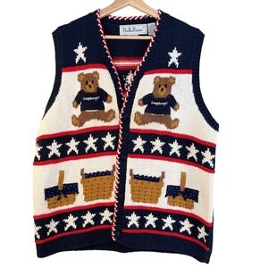 Vintage BellePointe Longaberger Teddy Bear Knit Vest Navy Blue Red XL Americana